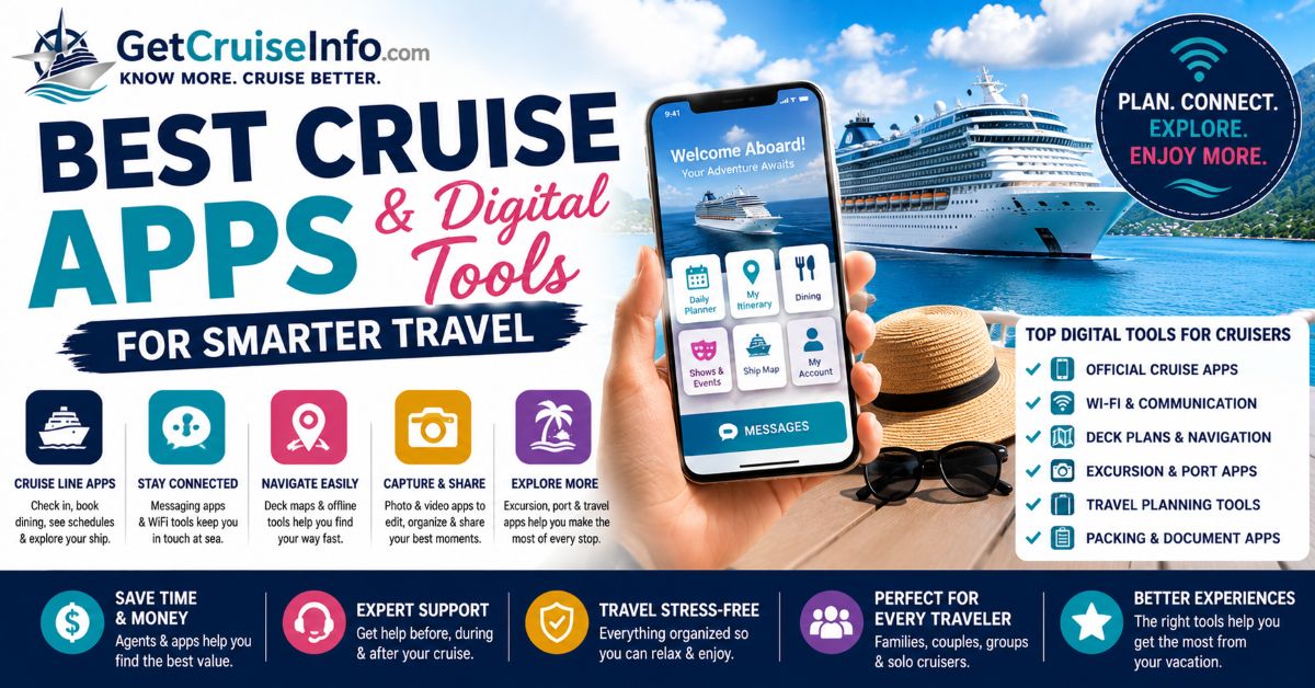 Cruise apps and digital tools guide featuring cruise ship apps, onboard WiFi, travel technology, messaging apps, digital cruise planning, and smartphone cruise tools