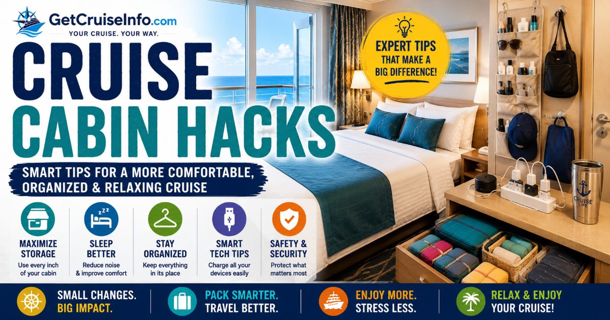 Cruise cabin hacks featuring cruise stateroom organization, storage ideas, comfort upgrades, and cruise cabin tips