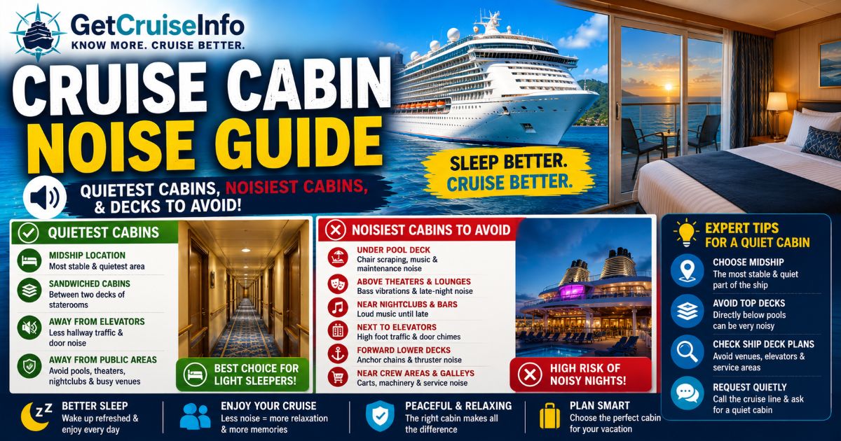 Cruise cabin noise guide featuring cruise ship cabins, balconies, quiet decks, noisy cabin areas, and sleep-friendly cruise planning