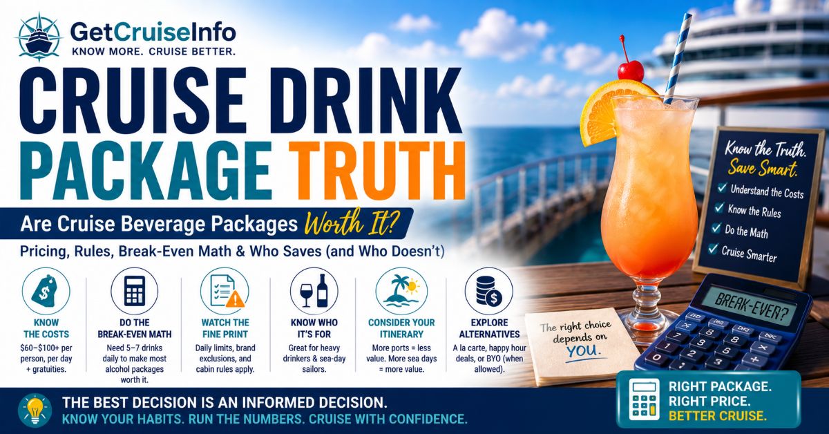 Cruise drink package truth guide featuring cruise cocktails, onboard beverage pricing, cruise budgeting, and drink package planning