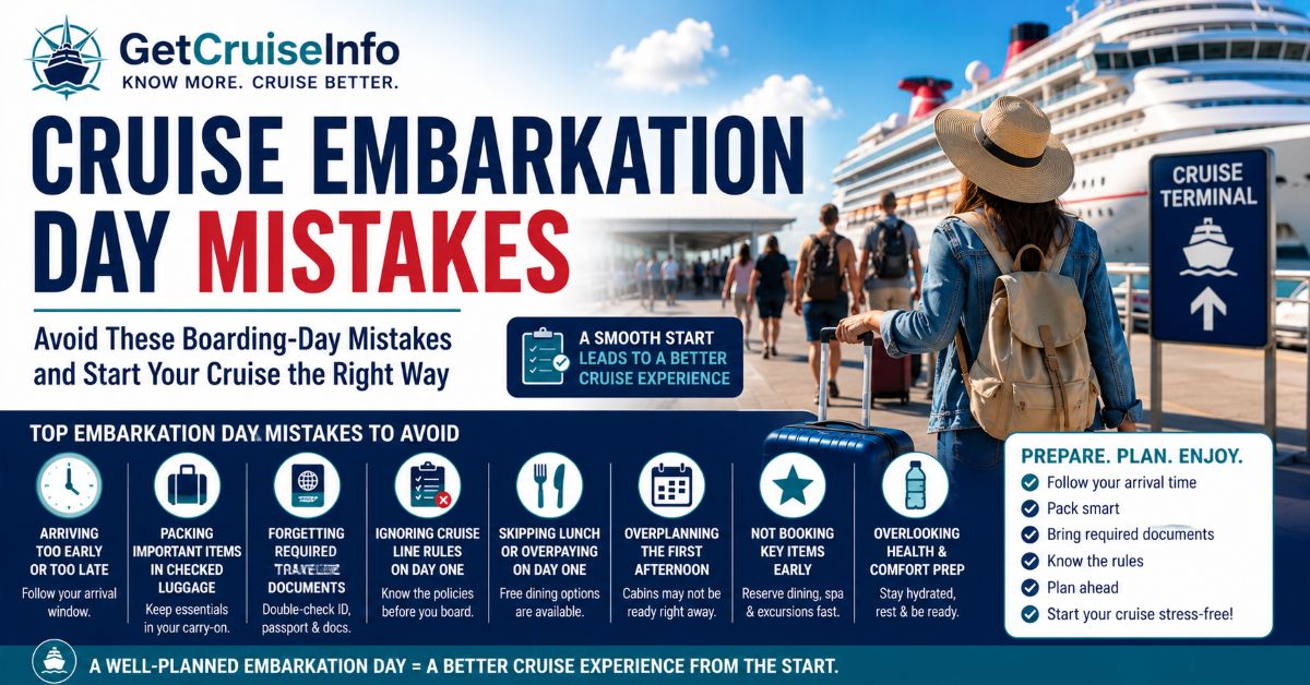Cruise embarkation day mistakes guide featuring cruise terminal boarding, luggage planning, cruise documents, and embarkation preparation