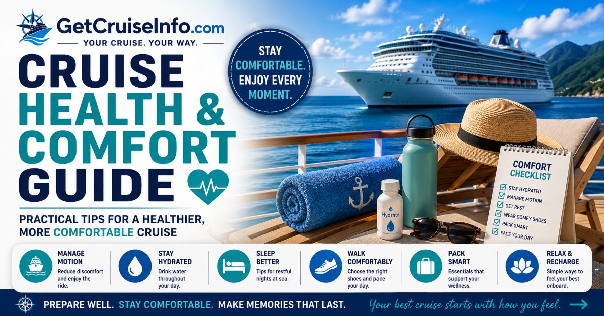 Cruise health and comfort guide featuring cruise wellness, motion management, hydration, walking comfort, and stress-free cruising