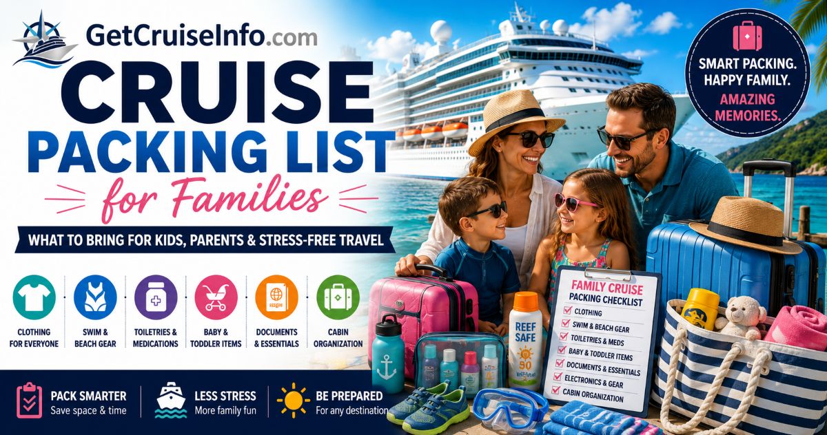 Cruise packing list for families featuring kids essentials, cruise clothing, strollers, beach gear, medications, electronics, and family cruise preparation