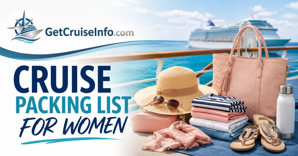 Cruise packing list for women featuring cruise outfits, beachwear, formal night attire, luggage, and cruise travel essentials