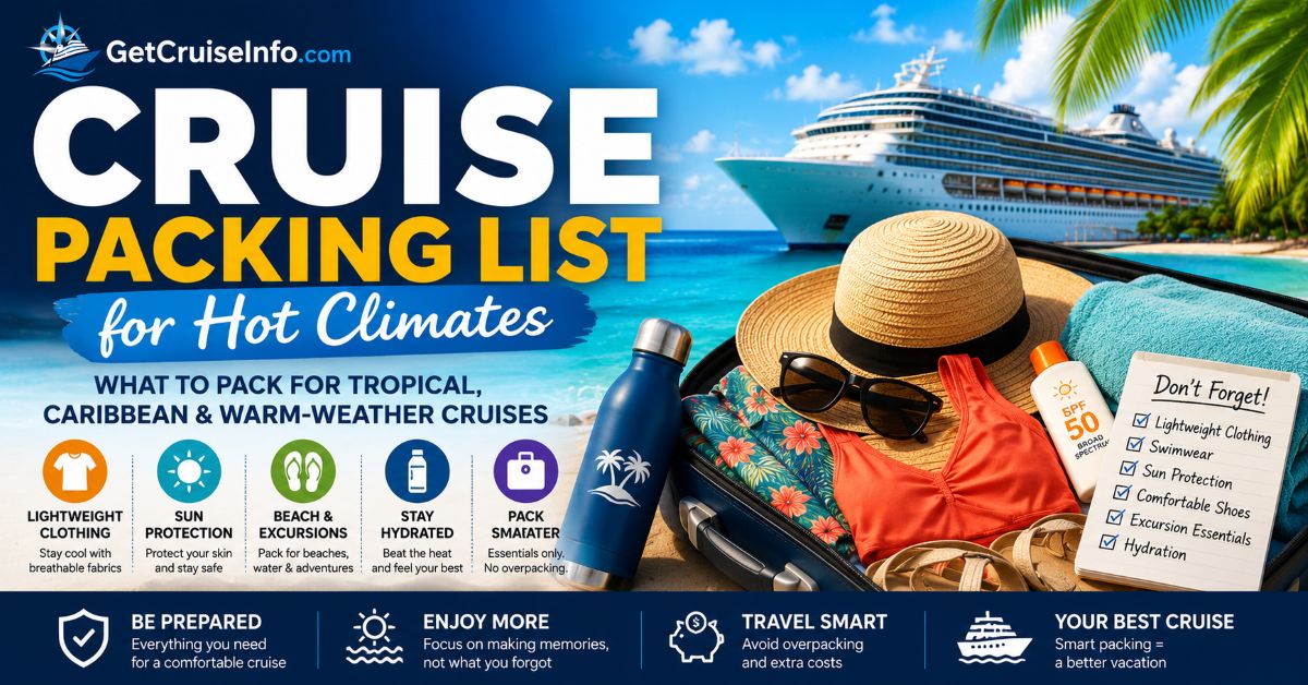 Cruise packing list for hot climates featuring tropical cruise clothing, Caribbean cruise essentials, and warm-weather packing strategy