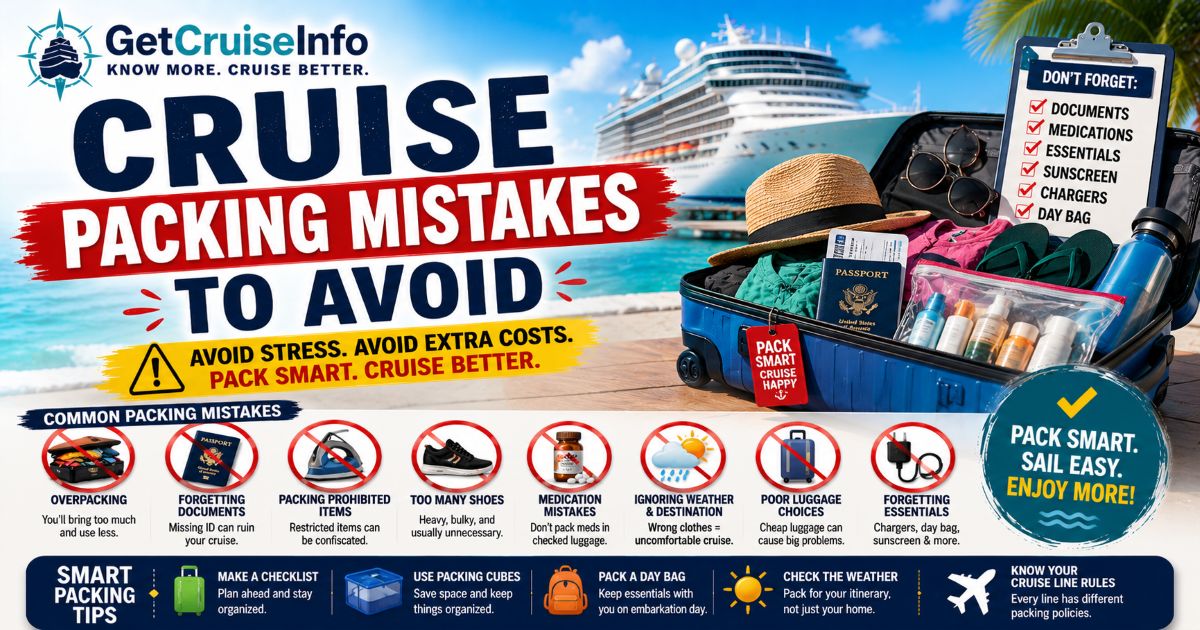 Cruise packing mistakes guide featuring luggage, embarkation day preparation, cruise packing strategy, prohibited items, and cruise travel organization