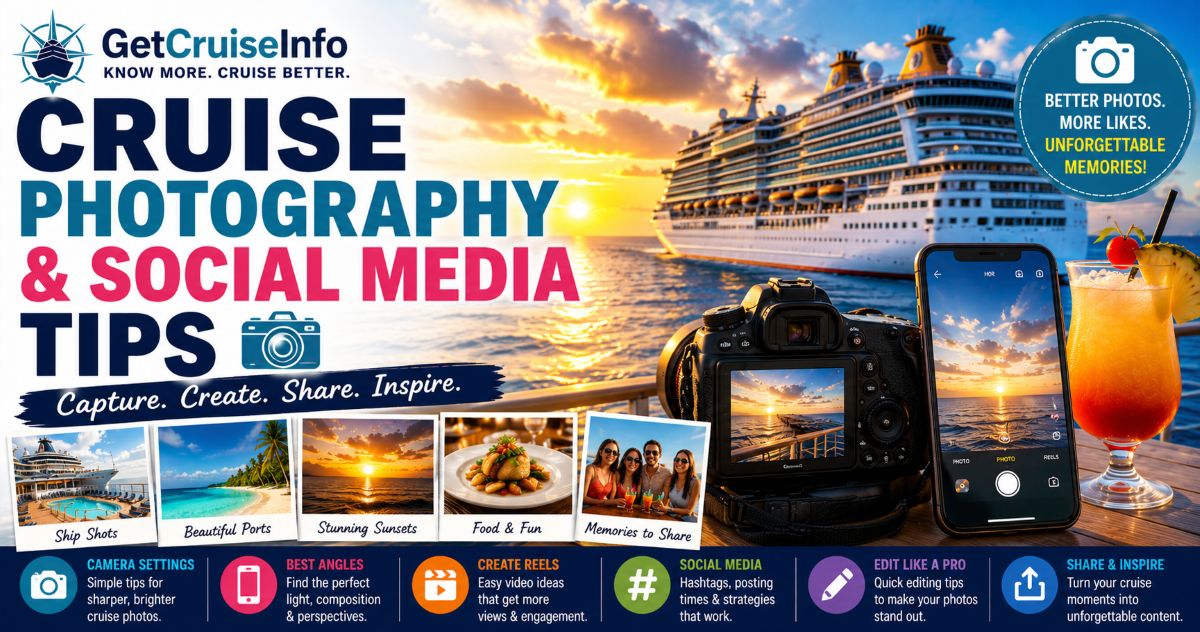 Cruise photography and social media tips featuring cruise ships, sunset photography, travel reels, smartphone photography, and cruise content creation