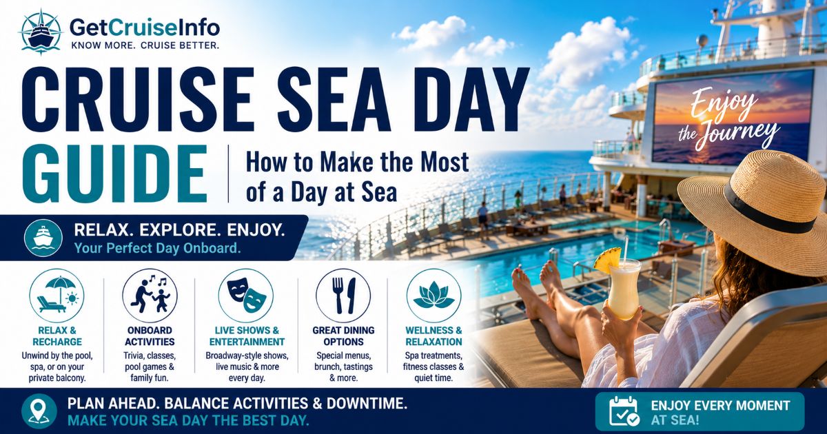 Cruise sea day guide featuring onboard relaxation, ocean views, pool decks, cruise dining, and sea day planning