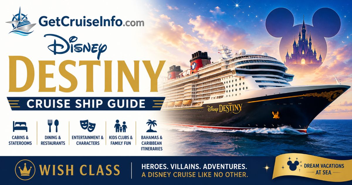 Disney Destiny cruise ship guide featuring cabins, dining, entertainment, and Disney Cruise Line vacations