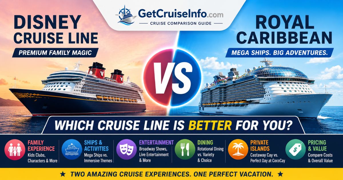 Disney Cruise Line vs Royal Caribbean cruise comparison featuring family cruises, entertainment, private islands, dining, and mega-ship experiences