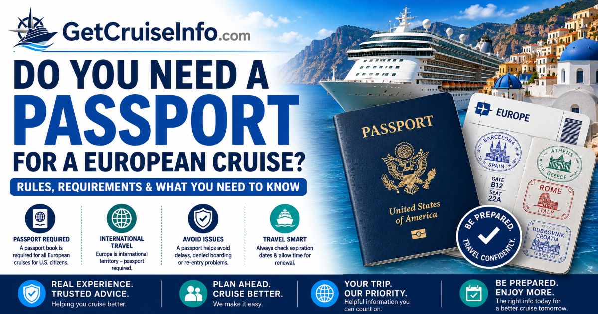 European cruise passport requirements guide with passport, cruise ship, and Mediterranean travel imagery