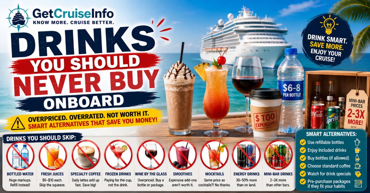 Cruise drink pricing guide featuring cocktails, cruise bars, beverage packages, specialty coffee, bottled water, and onboard drink costs