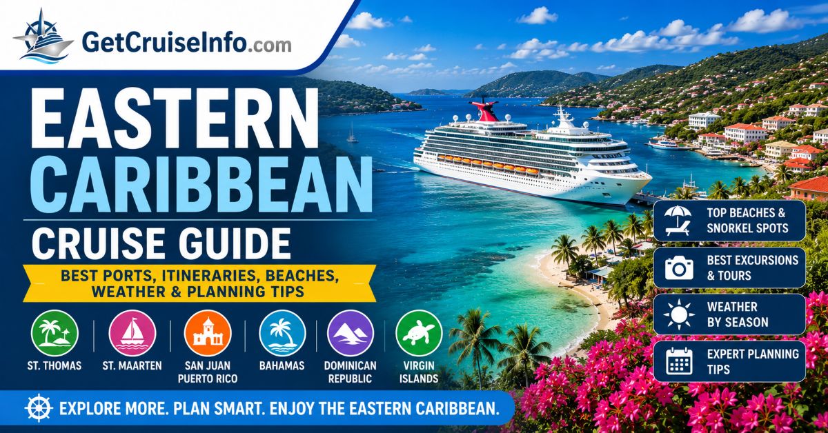 Eastern Caribbean cruise guide featuring beaches, cruise ports, tropical islands, snorkeling excursions, and Eastern Caribbean cruise planning advice