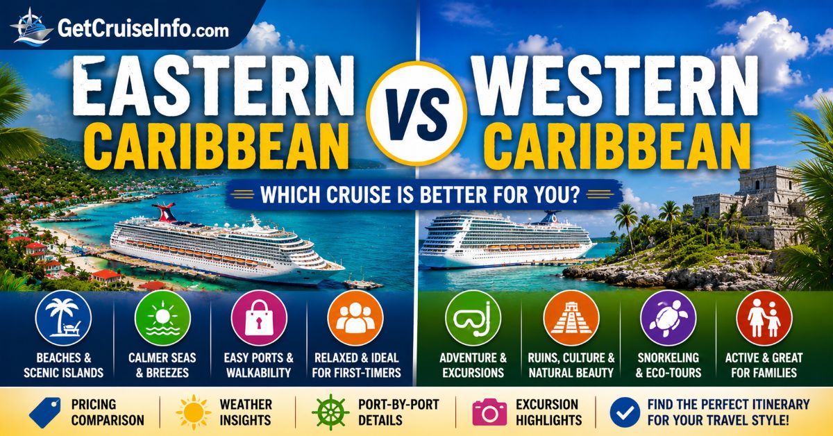 Eastern vs Western Caribbean cruise comparison featuring tropical islands, cruise ships, beaches, and Caribbean cruise planning advice