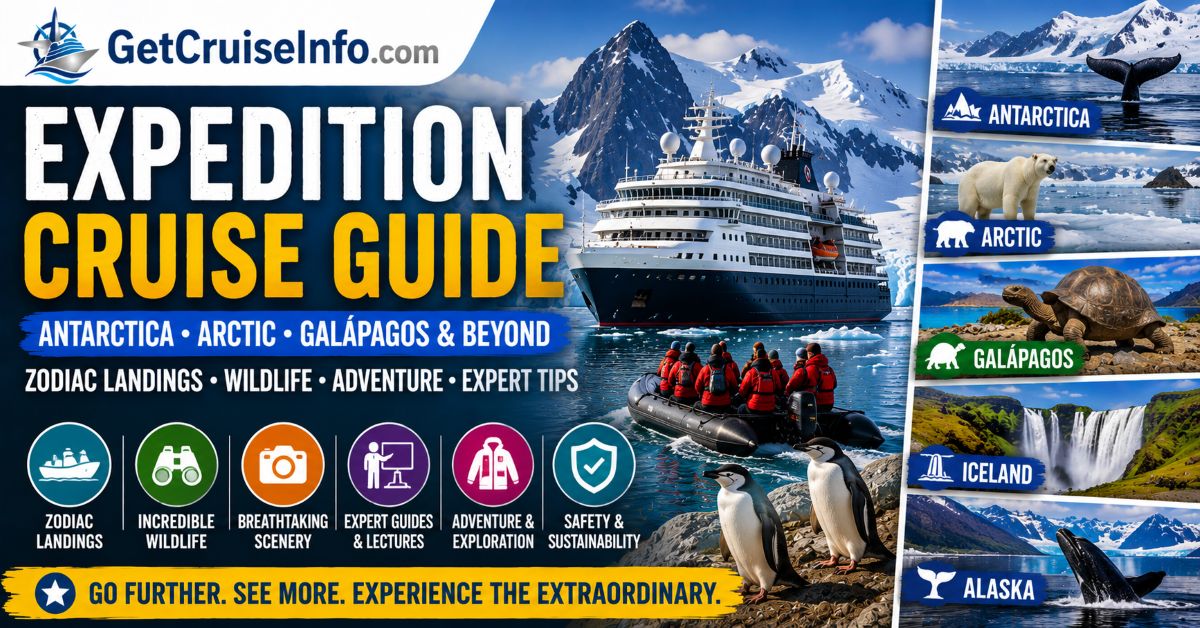 Expedition cruise guide featuring Antarctica, Zodiac landings, glaciers, wildlife, Arctic cruising, and expedition cruise planning advice