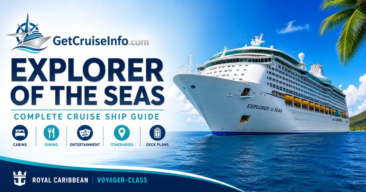 Explorer of the Seas cruise ship featuring Royal Caribbean dining, entertainment, FlowRider, ice skating, Royal Promenade, and Voyager-class attractions