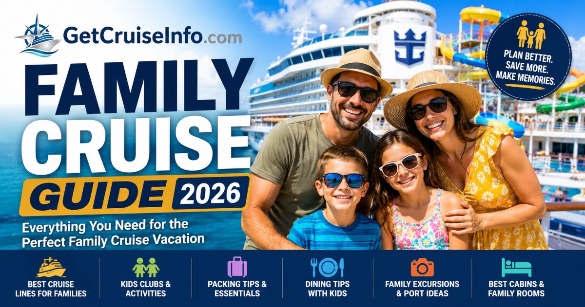 Family cruise vacation with kids enjoying a cruise ship, family-friendly activities, pools, entertainment, and cruise planning