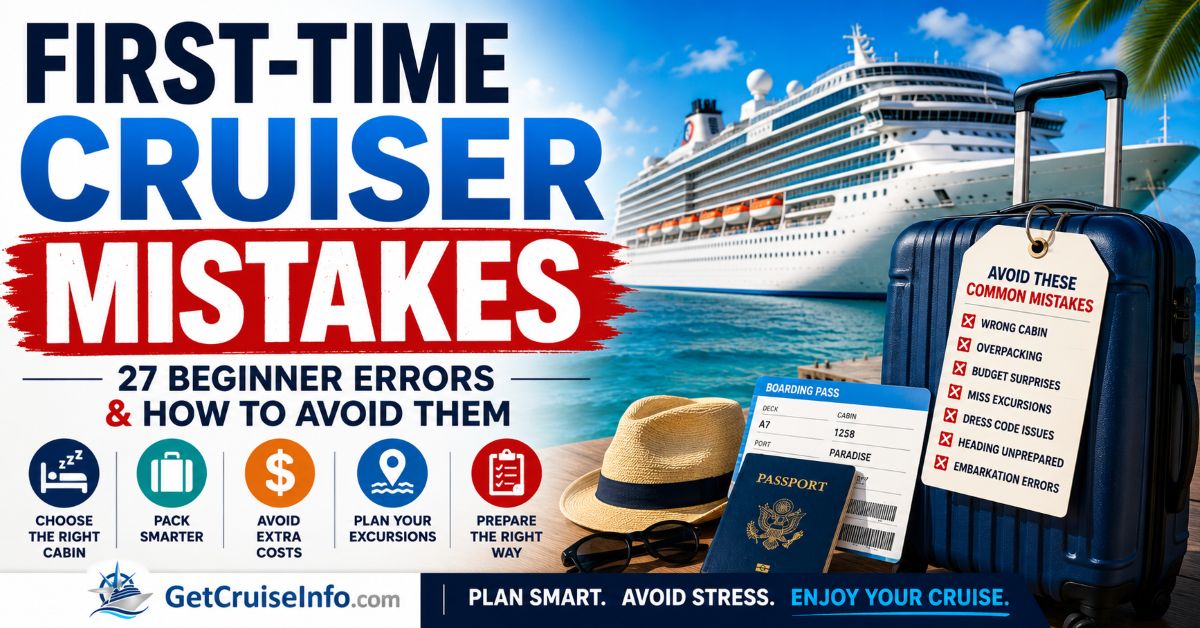 First-time cruiser mistakes guide featuring cruise planning errors, cabin selection mistakes, packing issues, embarkation tips, and beginner cruise advice