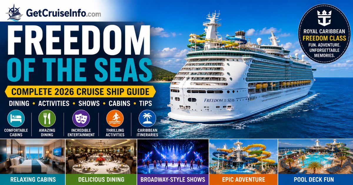 Freedom of the Seas cruise ship featuring Royal Caribbean dining, entertainment, FlowRider, waterslides, and Freedom-class attractions