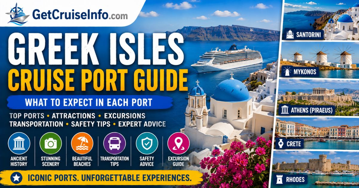Greek Isles cruise port guide featuring Santorini, Mykonos, Athens, Mediterranean villages, and Greek Isles cruise planning advice