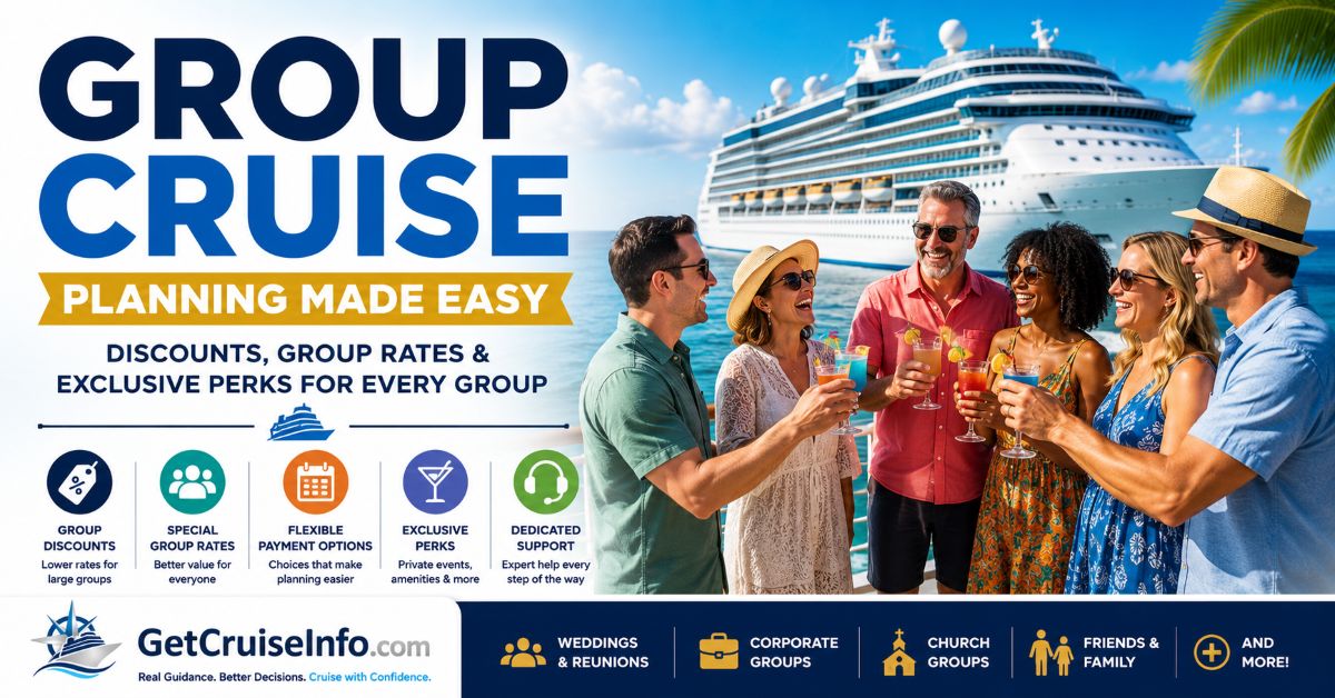Group cruise planning guide featuring cruise group pricing, weddings, reunions, Tour Conductor credits, and large group cruise travel