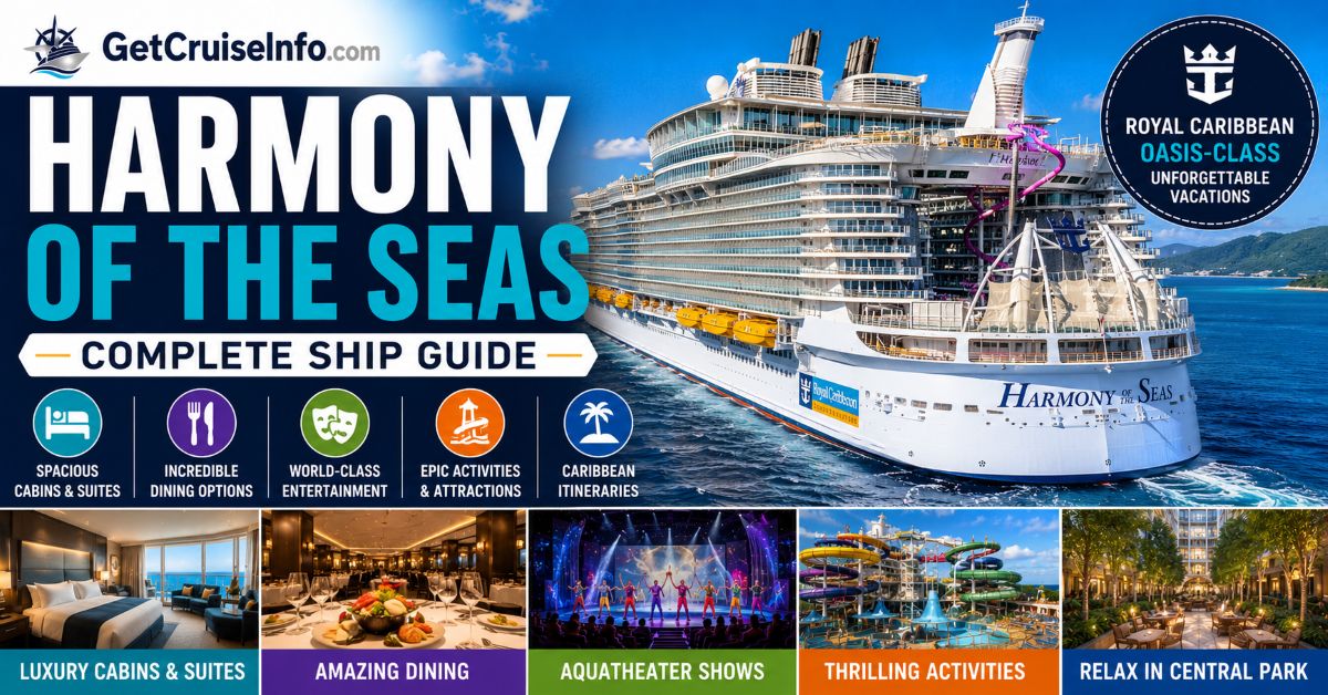 Harmony of the Seas cruise ship featuring Oasis-class neighborhoods, entertainment, dining, AquaTheater, and Royal Caribbean attractions