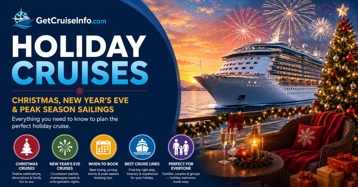 Holiday cruise guide featuring Christmas cruises, New Year's Eve cruises, holiday sailings, and peak season cruise planning