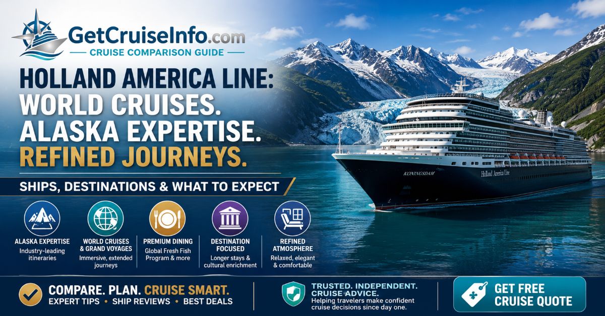 Holland America Line guide featuring Alaska cruises, world cruises, premium ships, destination-focused travel, and refined onboard atmosphere