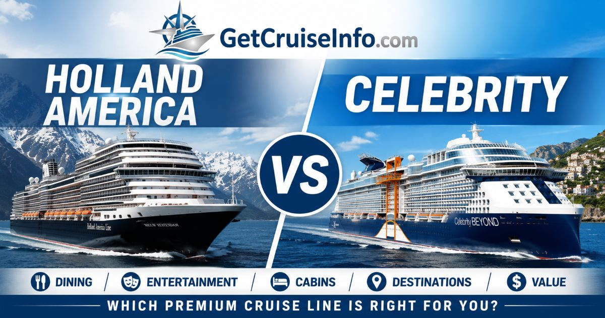 Holland America vs Celebrity cruise comparison featuring premium cruise ships, dining, entertainment, Alaska cruises, cabins, and onboard atmosphere.