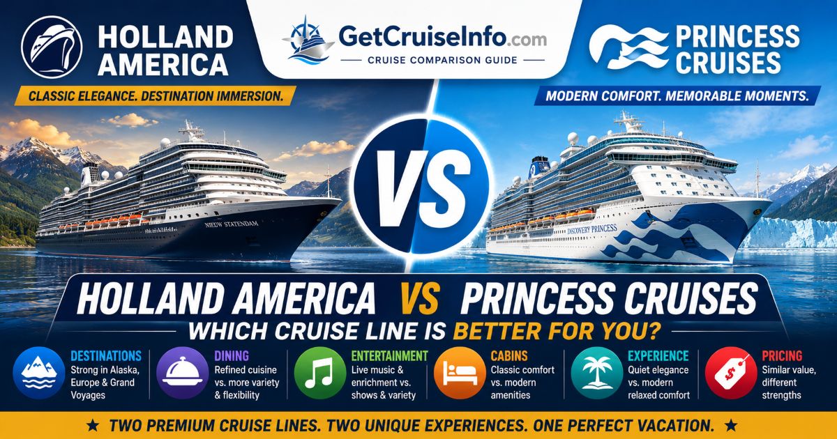 Holland America vs Princess cruise comparison featuring premium cruise ships, Alaska itineraries, dining, entertainment, and onboard experiences