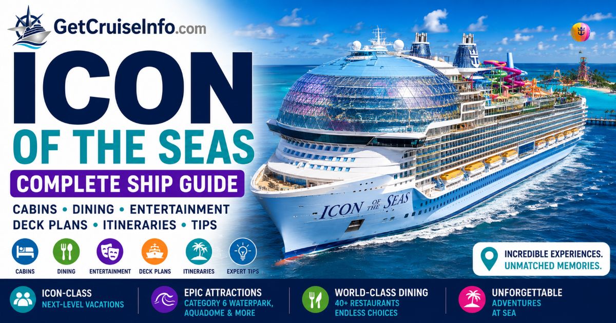 Icon of the Seas cruise ship featuring Icon-class neighborhoods, dining, entertainment, water attractions, and Royal Caribbean experiences