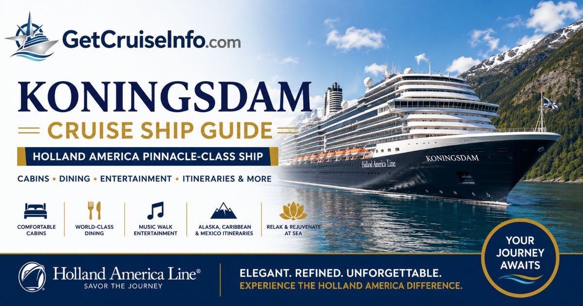Koningsdam cruise ship featuring cabins, dining, entertainment, and Holland America itineraries