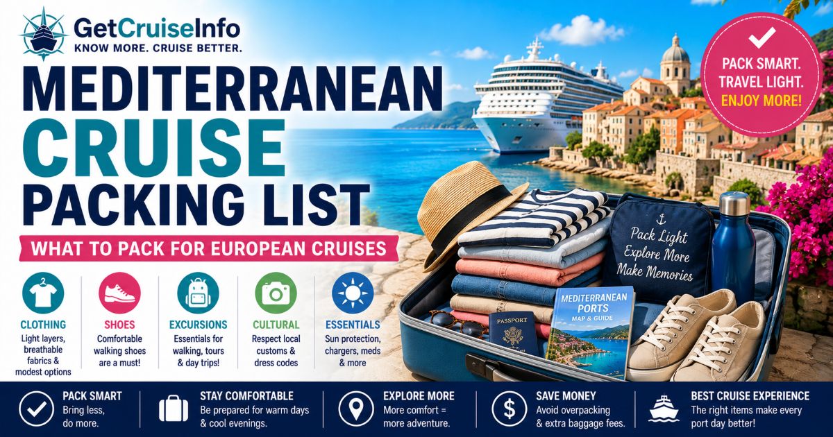Mediterranean cruise packing list featuring European cruise travel, walking shoes, lightweight clothing, Mediterranean excursions, and European port planning