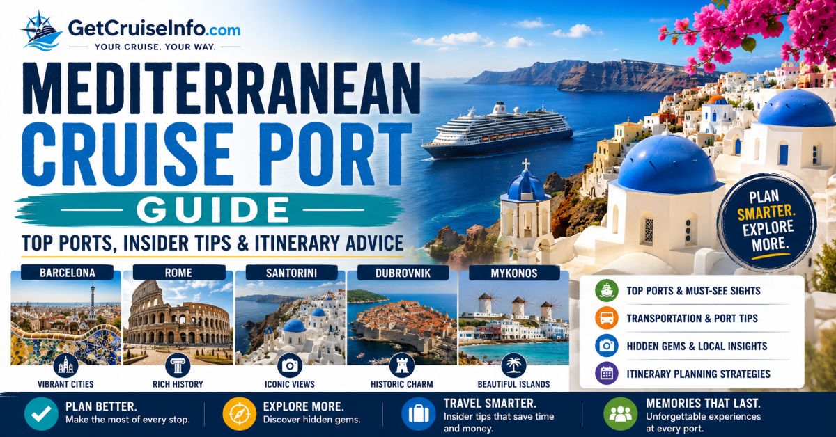 Mediterranean cruise port guide featuring Santorini, Barcelona, Rome, Greek Isles, and Mediterranean cruise itinerary planning