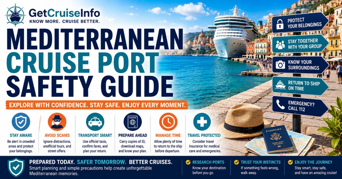 Mediterranean cruise port safety guide featuring European cruise ports, transportation planning, travel awareness, and Mediterranean cruise security tips