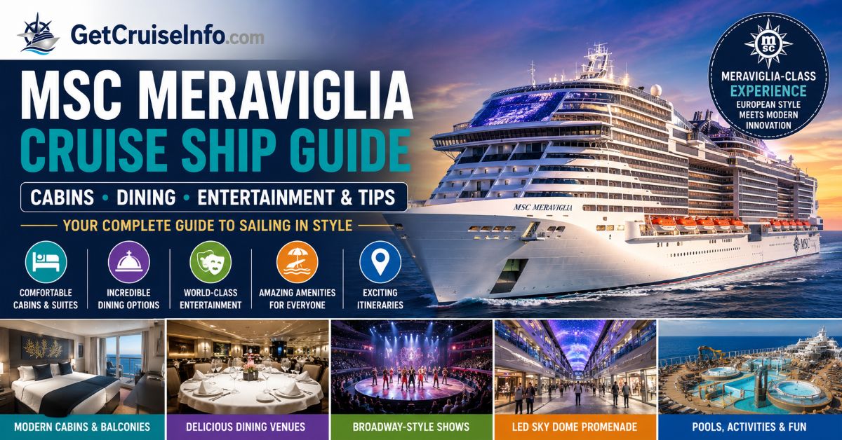 MSC Meraviglia cruise ship featuring Yacht Club suites, dining, entertainment, pools, and MSC Cruises attractions