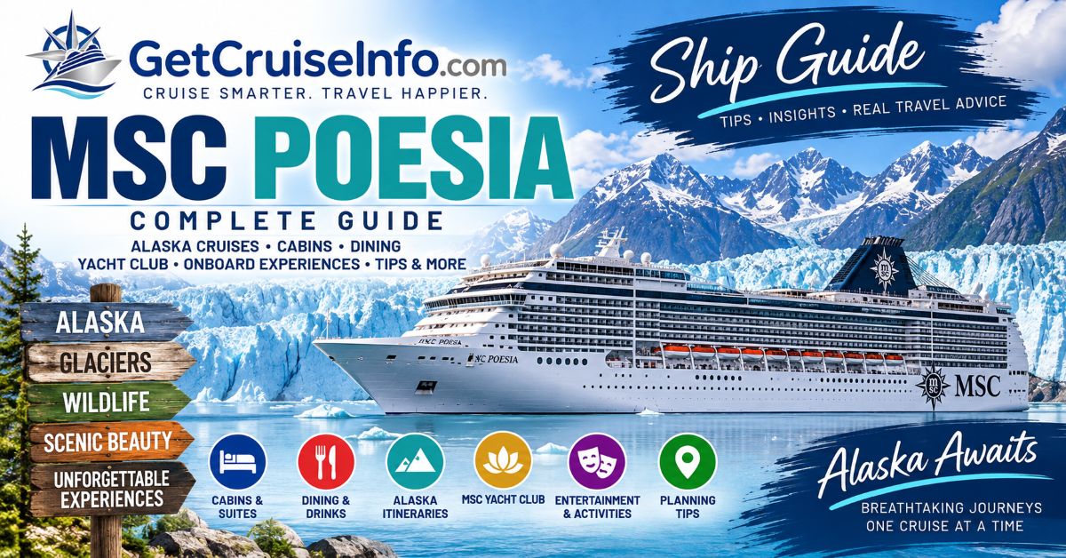 MSC Poesia cruise ship guide featuring Alaska cruises, MSC Yacht Club, cabins, dining, entertainment, and planning tips