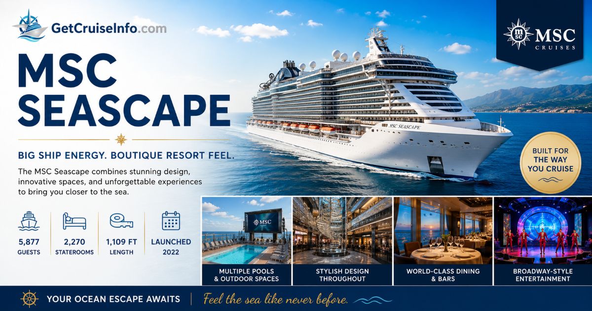 MSC Seascape cruise ship featuring cabins, Yacht Club suites, deck plans, dining, pools, and entertainment