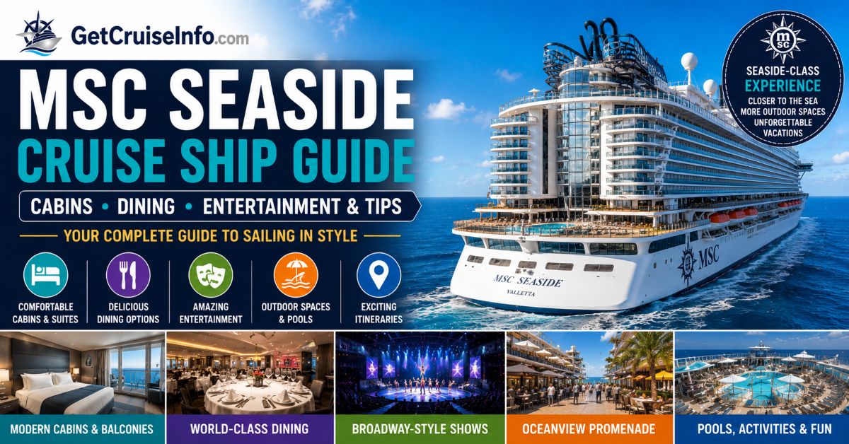 MSC Seaside cruise ship featuring Yacht Club suites, dining, entertainment, pools, and MSC Cruises attractions