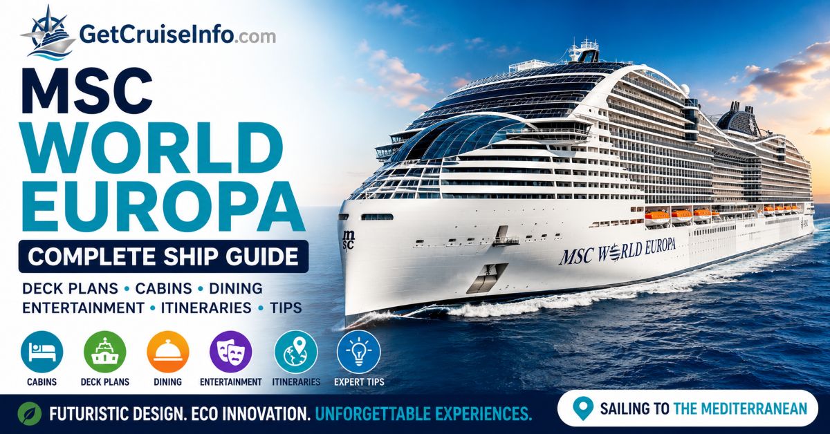 MSC World Europa cruise ship featuring futuristic design, Yacht Club suites, entertainment, dining, and MSC Cruises innovations