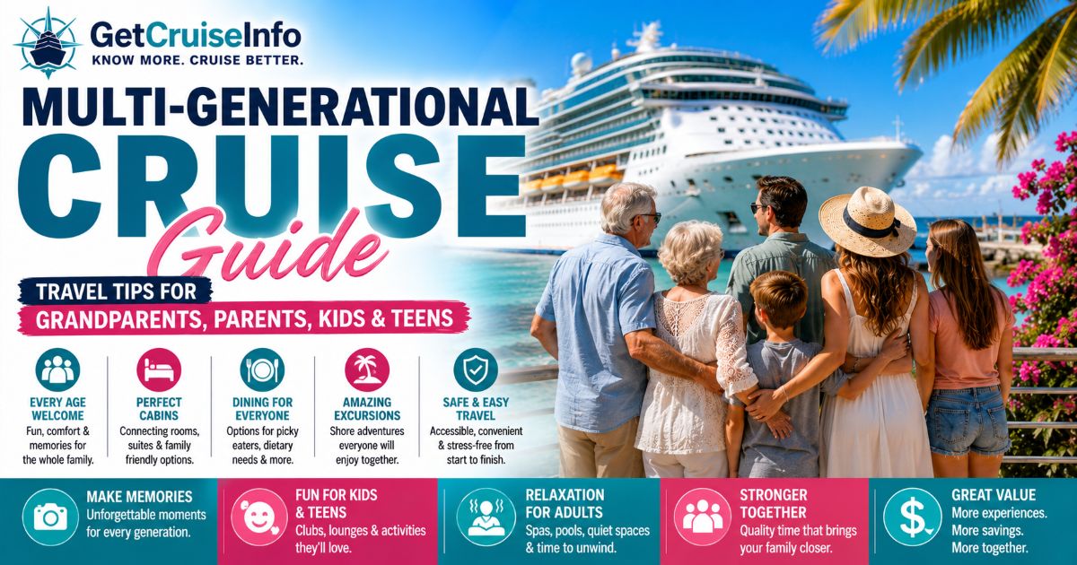 Multi-generational cruise guide featuring grandparents, parents, kids, teens, family cruise planning, cruise ships, and family vacation experiences