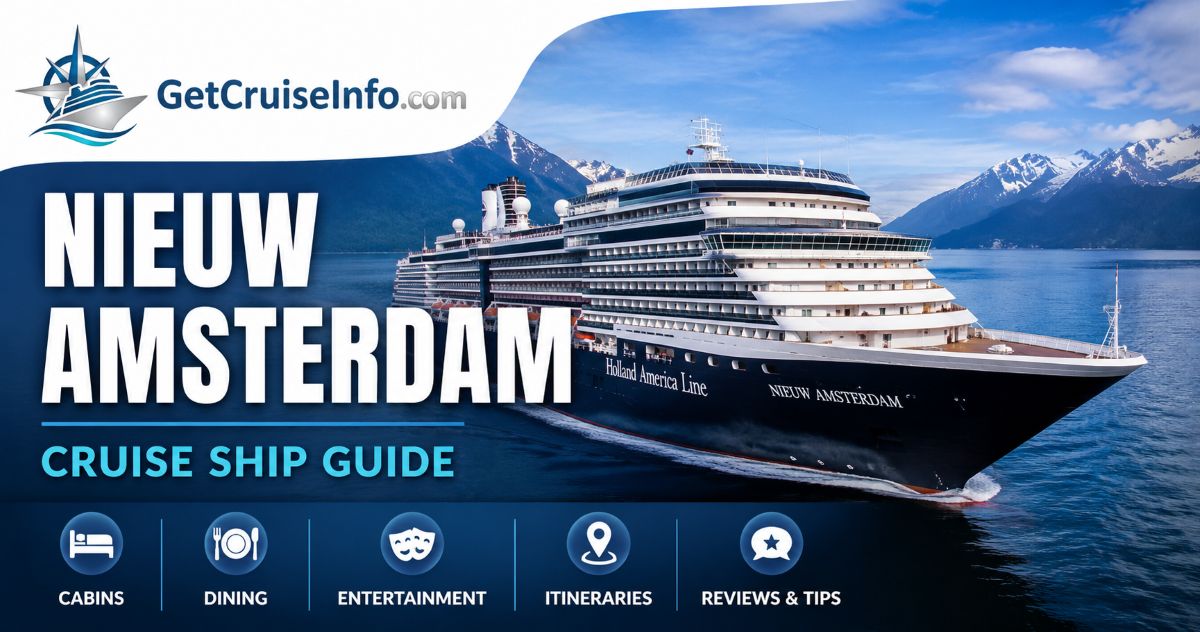 Nieuw Amsterdam cruise ship sailing at sea for Holland America Line