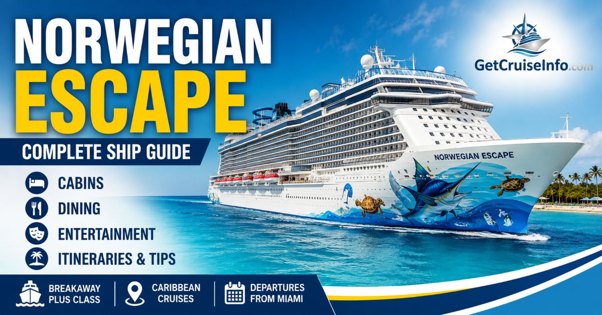 Norwegian Escape cruise ship featuring Caribbean itineraries, The Waterfront, specialty dining, entertainment, and family-friendly activities