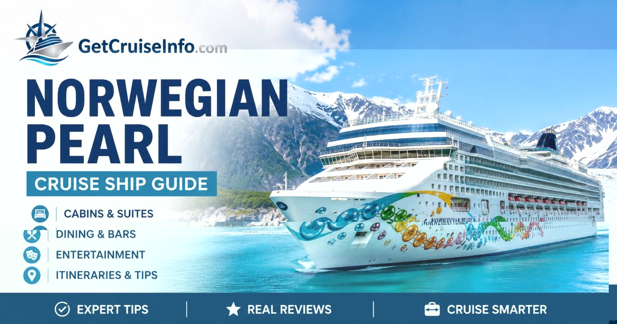 Norwegian Pearl sailing at sea with multiple decks, restaurants, lounges, and balcony staterooms