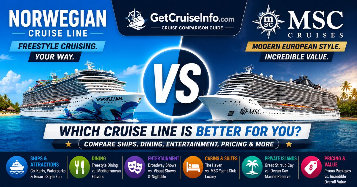 Norwegian Cruise Line vs MSC Cruises comparison featuring modern cruise ships, entertainment, dining, private islands, and onboard experiences