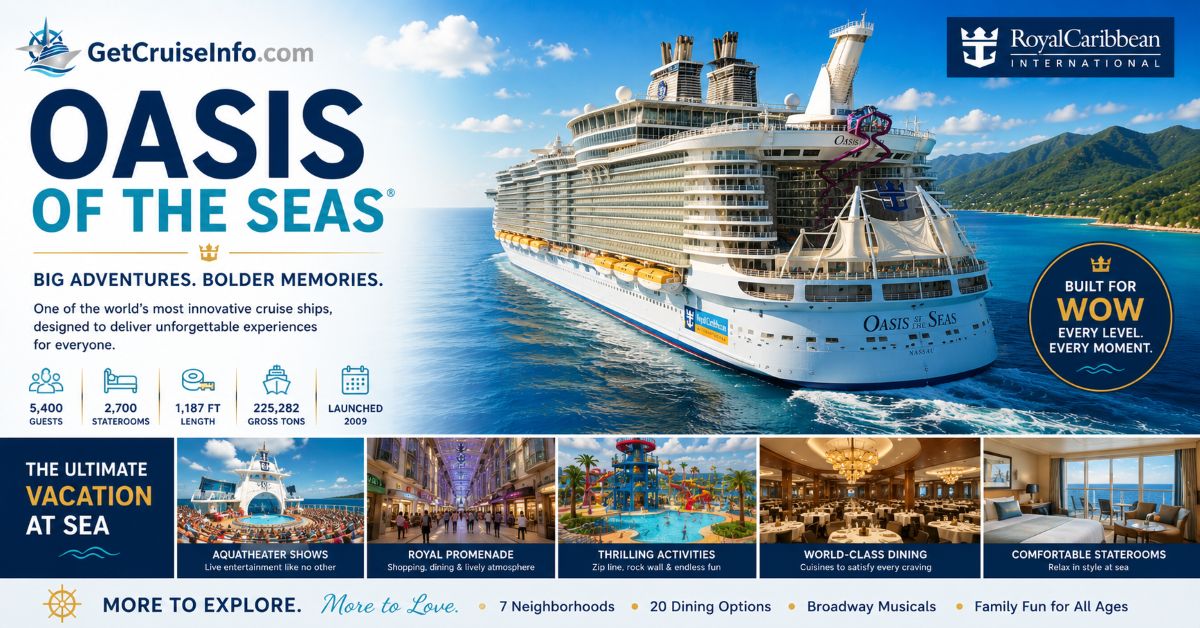 Oasis of the Seas cruise ship featuring neighborhoods, dining, entertainment, cabins, and Royal Caribbean attractions