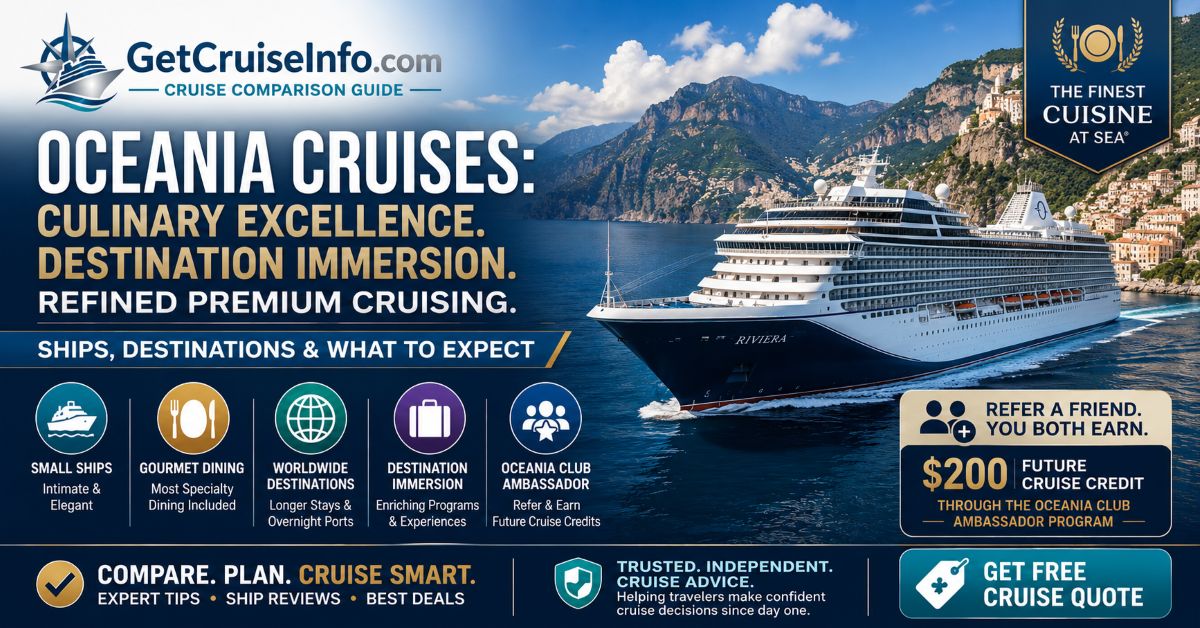 Oceania Cruises guide featuring premium cruising, world cruises, upscale dining, destination-focused itineraries, and smaller luxury-style ships