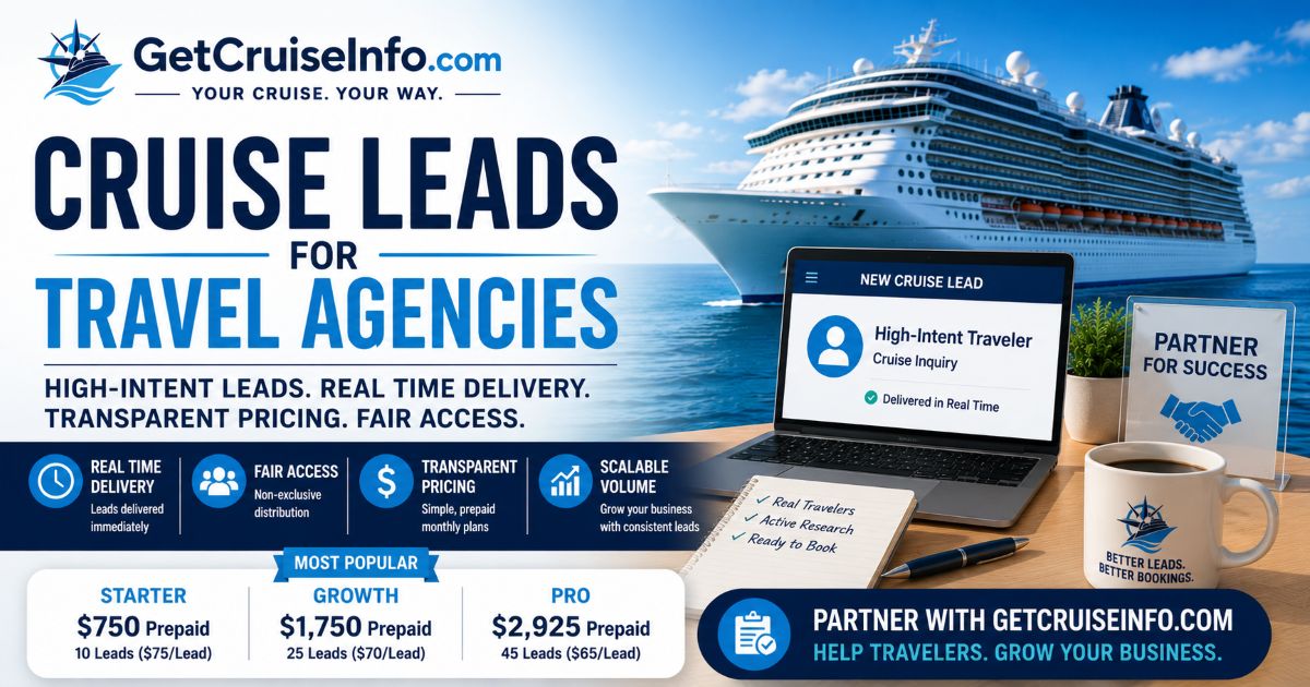Travel agency partnership program featuring cruise lead generation, travel advisors, cruise planning inquiries, and agency growth