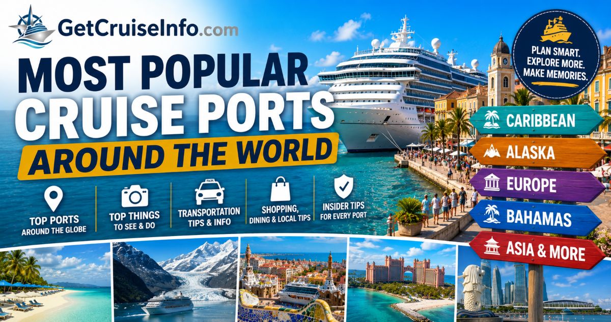 Most popular cruise ports around the world including Caribbean, Alaska, Europe, Bahamas, and cruise destination highlights