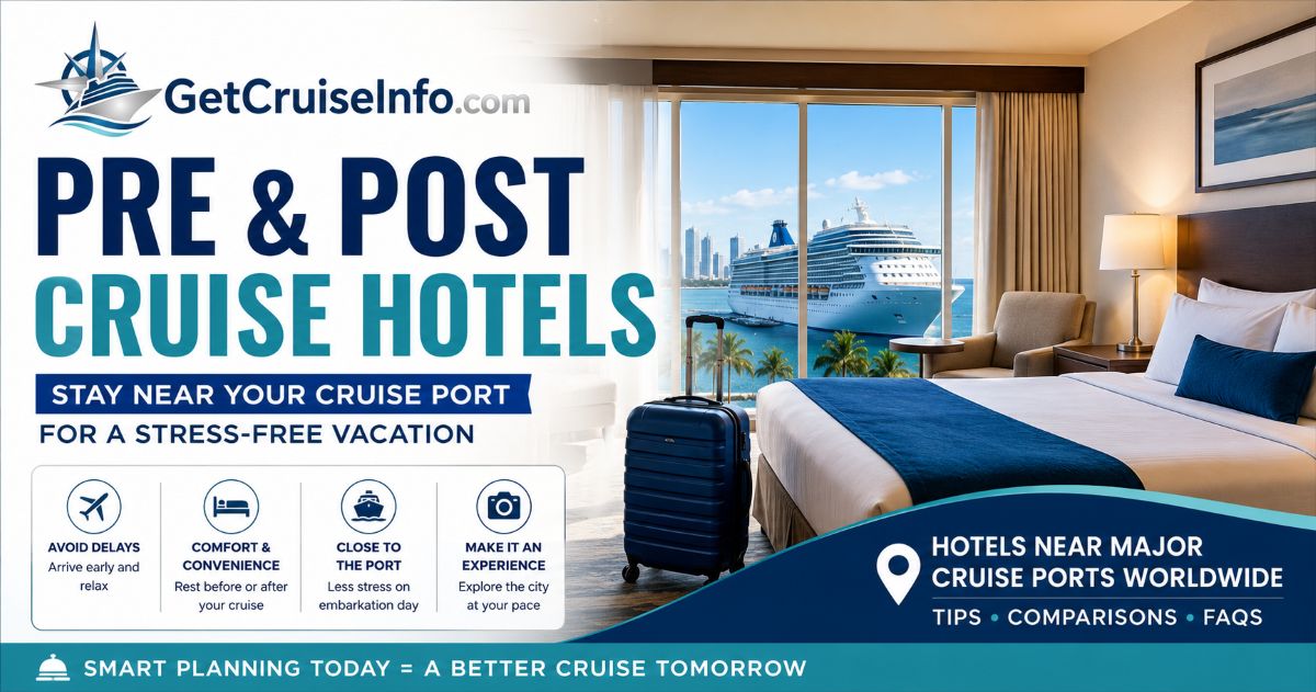 Modern hotel overlooking a cruise ship docked near a major cruise port